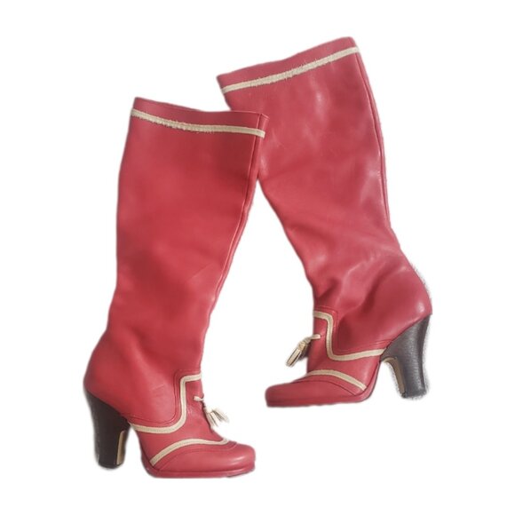 Vintage Red Leather Knee High Saloon Boots Zip Sides - Size 7 - Picture 2 of 3
